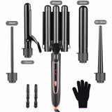 SixriverLady 5 in 1 Hair Rotating Curler Wand Set with 3 Barrel Crimper-Black